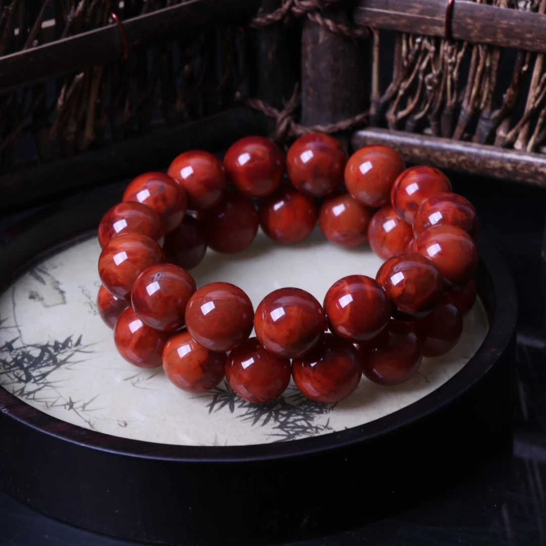 【蚂蚁珠宝】南红玛瑙14mm左右瓦西火焰圆珠手串一条n782