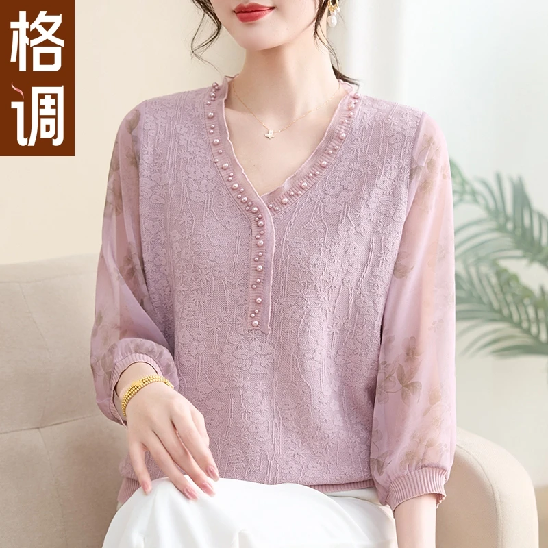 格调妈妈装2025春夏纱袖打底衫中年女士洋气针织小衫T恤薄款上衣