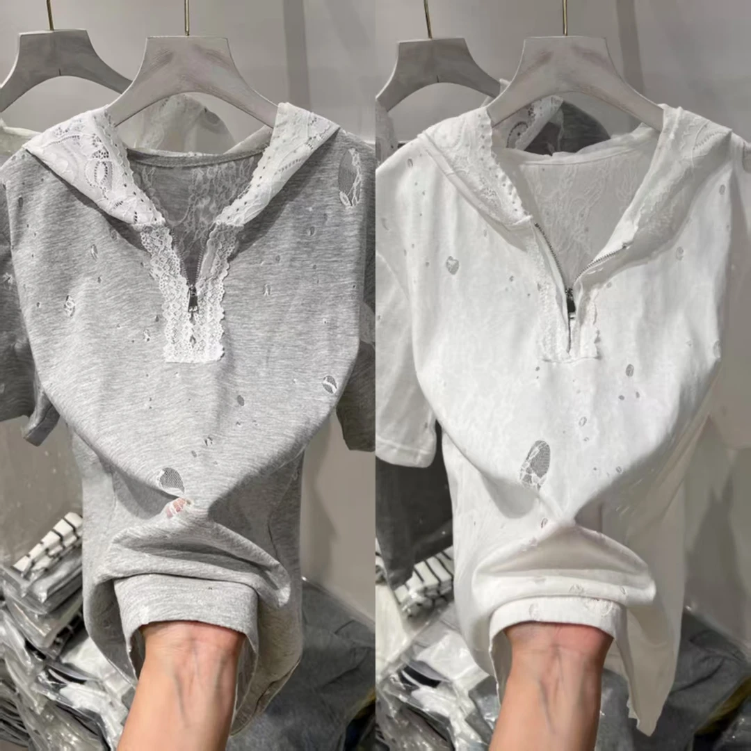 高品质休闲时髦设计连帽不规则破洞蕾丝拼接半拉链短袖夏季爆款