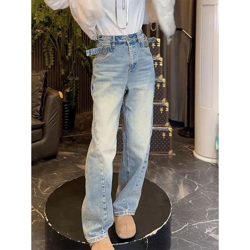 早春新款高腰窄版直筒阔腿裤女洋气韩系显瘦百搭宽松遮肉牛仔裤子