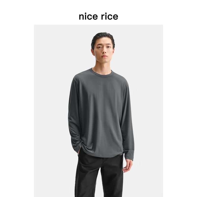 nice rice好饭 25冬季新品98G棉混纺直身包滚领口长袖T恤NHD02027