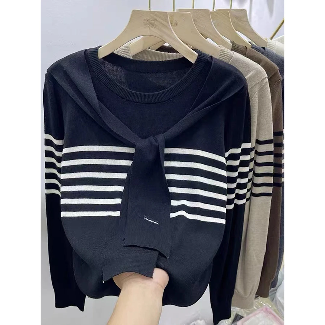 拉夏贝尔港味风假两件披肩针织衫女2025秋冬长袖慵懒撞色条纹上衣