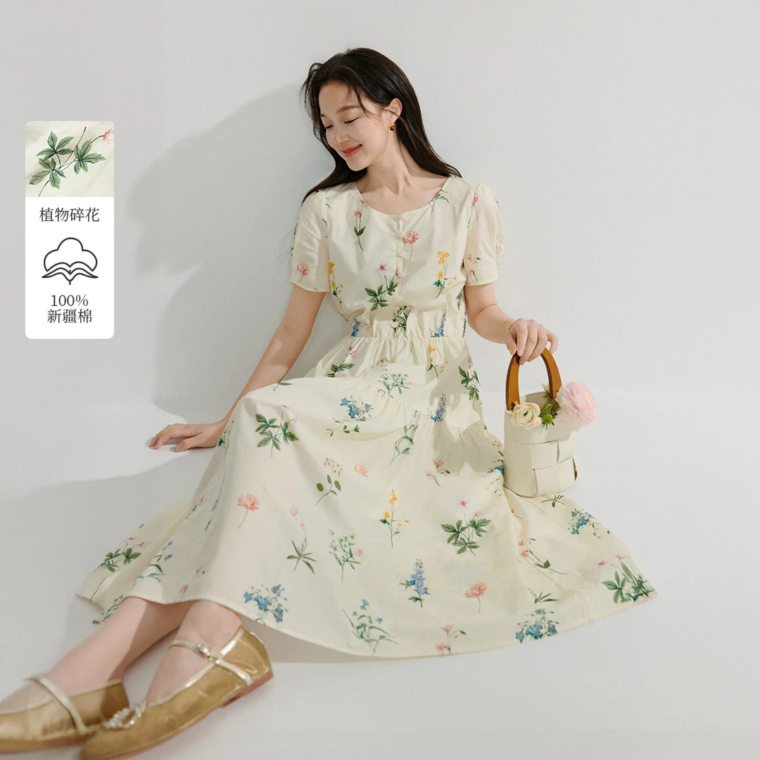 【茵曼】茵曼甜美植物碎花温柔度假宽松连衣裙18528022