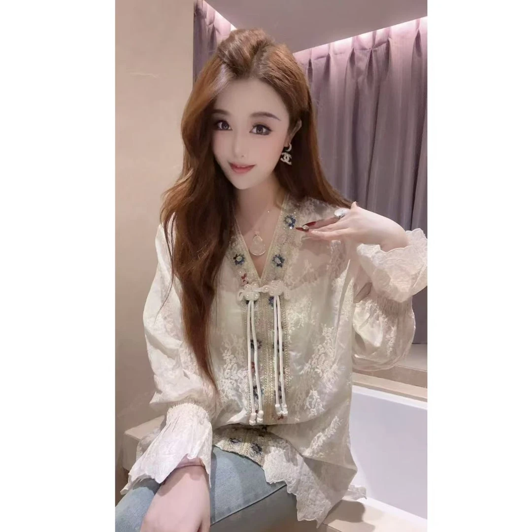 JY&JY橙子大大【晚风盈袖】重工国风盘扣绣花衬衫上衣 15674