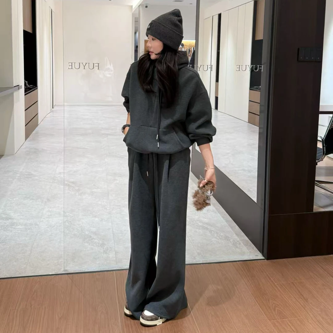 FUYUE赴约 灰色卫衣两件套春秋运动时尚休闲连帽宽松直筒百搭秋季
