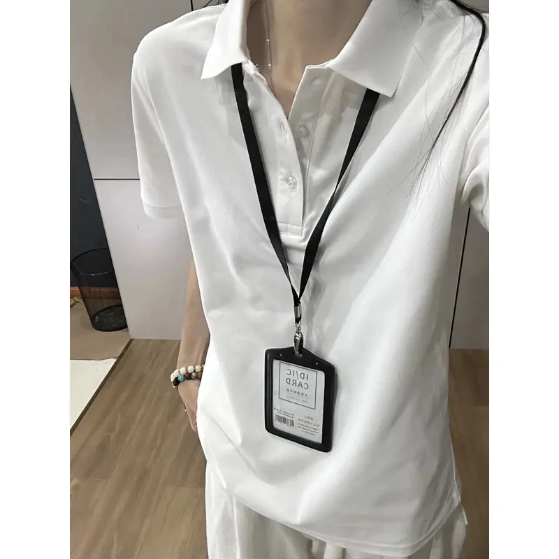 白色衬衫领polo衫短袖女夏季高级感翻领t恤cleanfit正肩情侣半袖