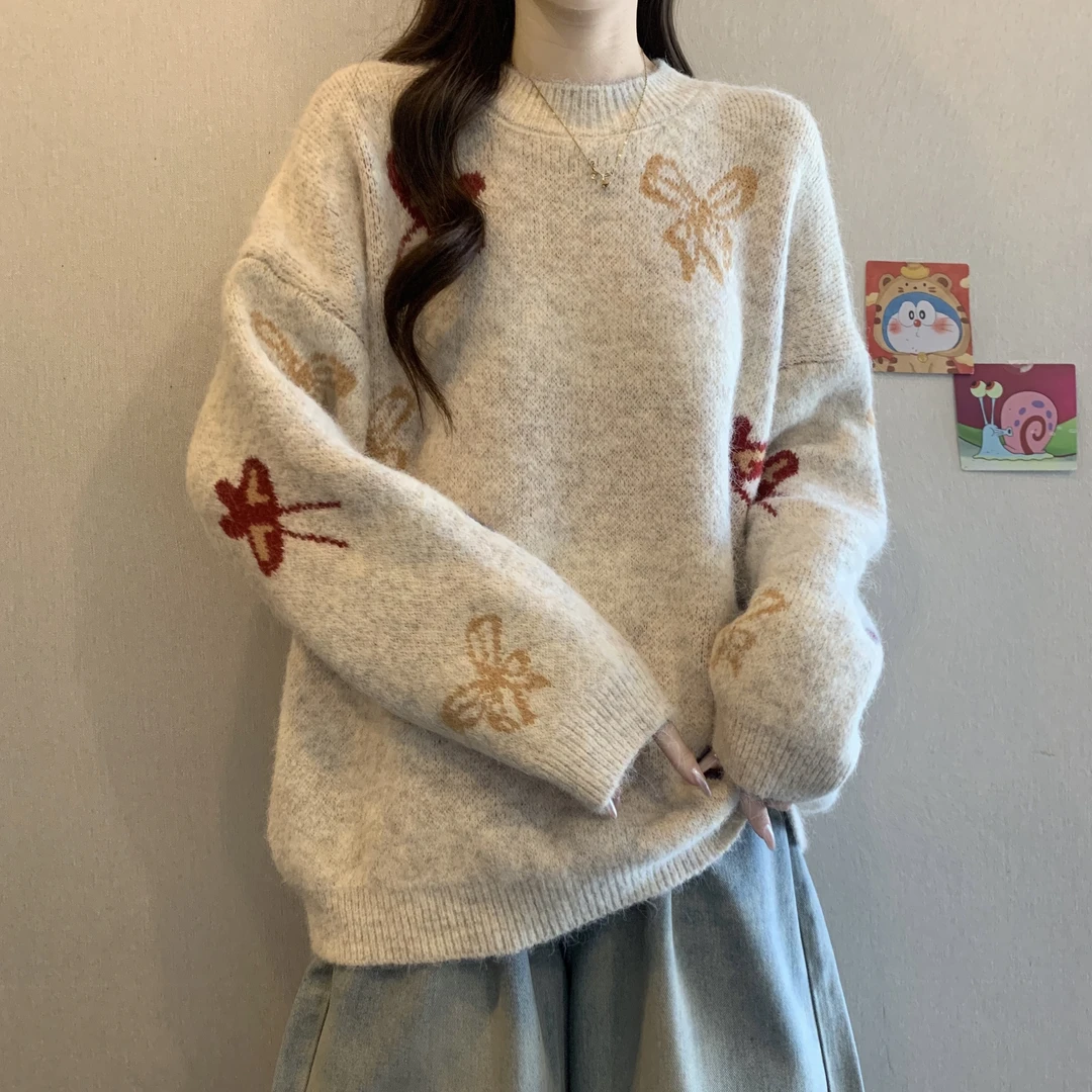 韩系慵懒风蝴蝶加厚保暖软糯毛衣女大码胖MM宽松显瘦减龄针织上衣