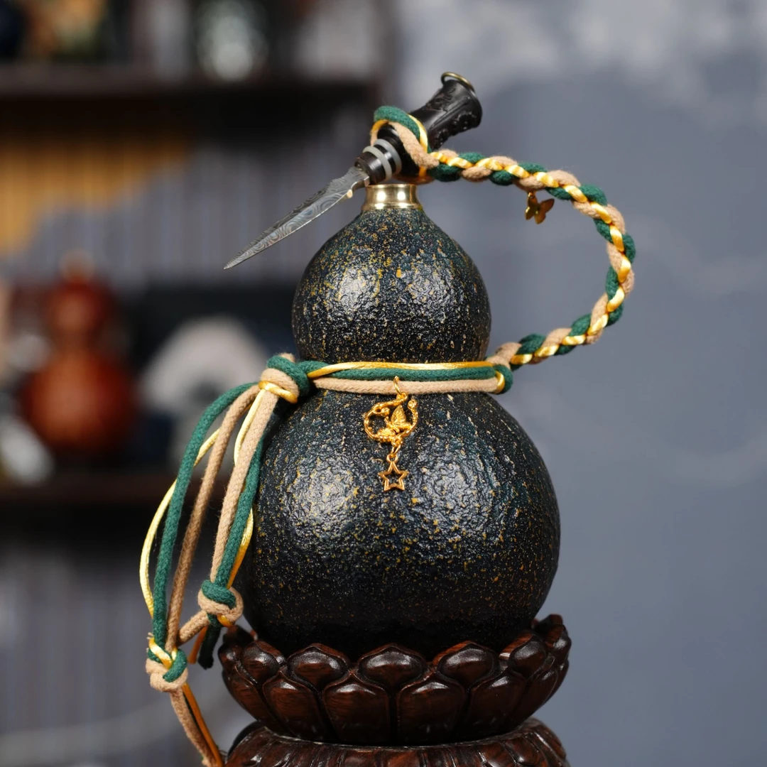 S21老君丹炉款墨绿金侘寂风大漆酒葫芦