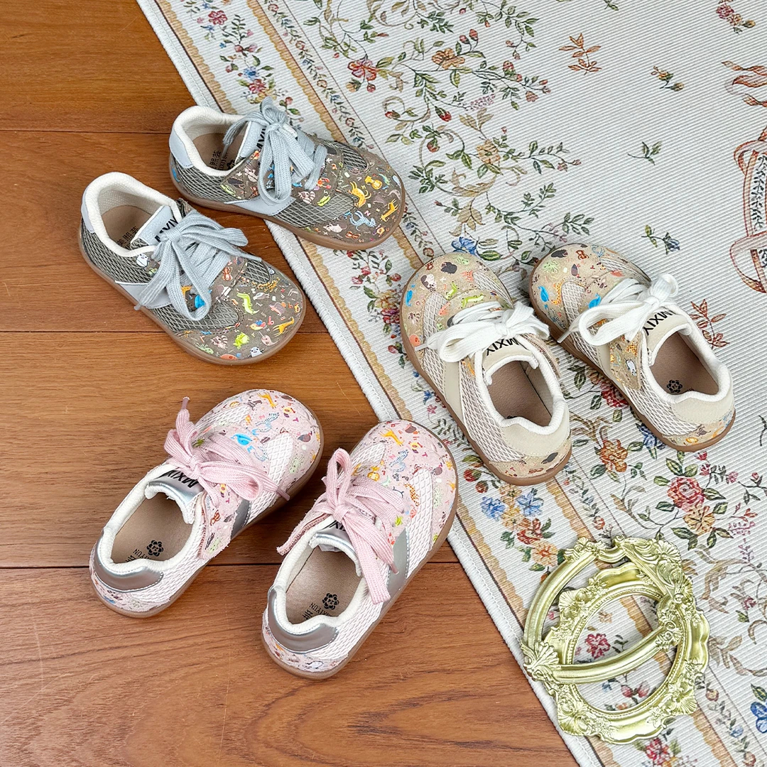 儿童真皮德训鞋涂鸦板鞋夏季透气网状百搭男女童魔术贴休闲运动鞋