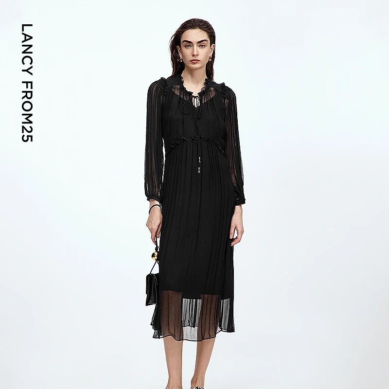 朗姿雪纺垂感连衣裙度假风高级感气质通勤褶皱长裙2025年秋季新款