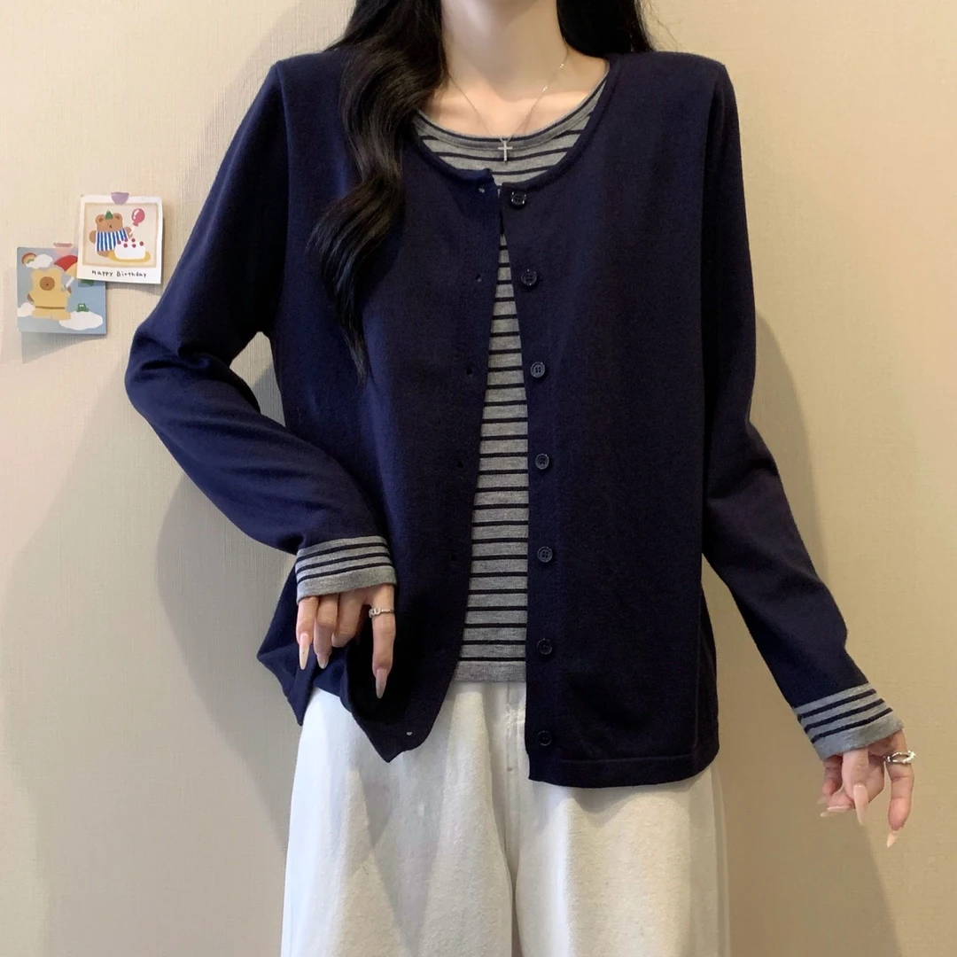 大码假两件条纹长袖针织开衫女春秋胖MM宽松显瘦百搭洋气打底毛衣