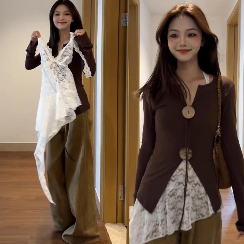 纯欲辣妹挂脖蕾丝吊带背心女秋季大码胖MM不规则叠穿内搭打底上衣