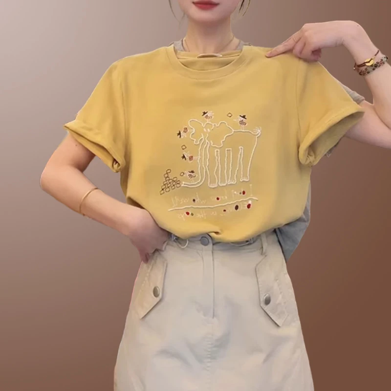 气质简约风百搭短袖T恤女2025夏季新款字母洋气减龄慵懒风上衣女