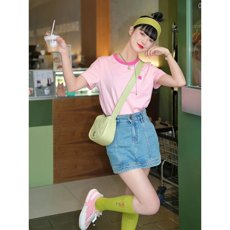 W025夏季新款纯棉撞色圆领凉感T恤女粉色正肩显瘦设计感短袖上衣