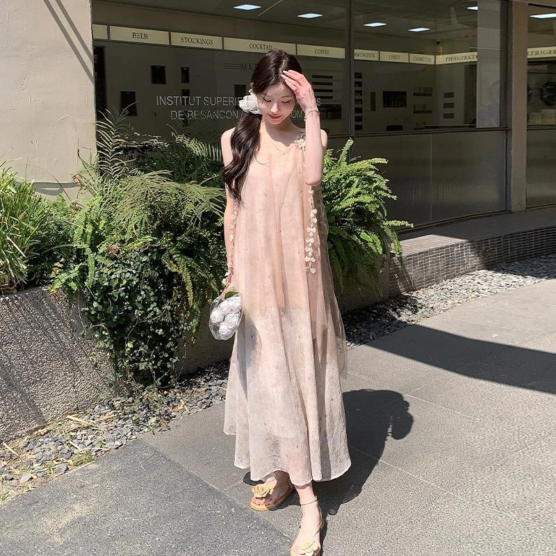 复古扎染花边网纱法式连衣裙2025新款女春夏超仙绝美无袖吊带长裙