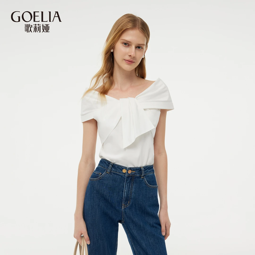 歌莉娅夏季新款针织T恤白色短款一字肩法式小众简约修身1E4R0B020