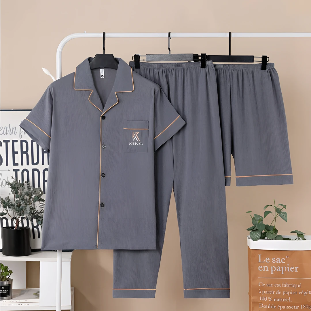 男士睡衣短袖短裤长裤云朵棉三件套夏天中年大码休闲可外穿家居服