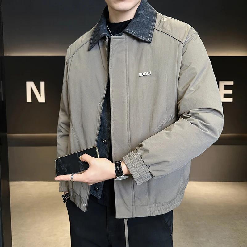 痞帅假两件男士羽绒服夹克加厚冬季2025新款潮牌修身翻领保暖外套