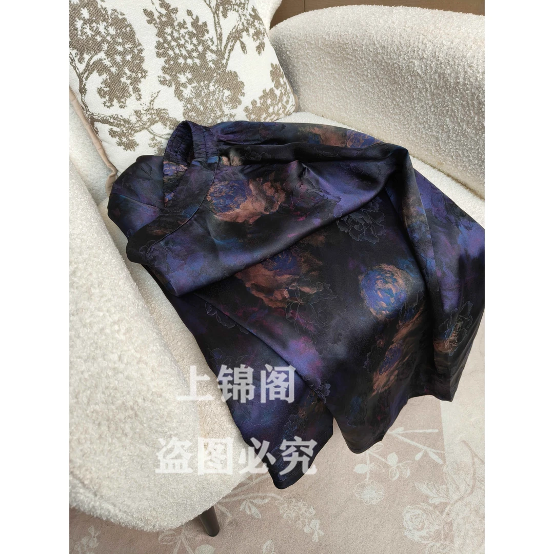 975松紧腰口袋开叉半身裙蓝紫色碎花时尚休闲百搭国风气质裙子-80