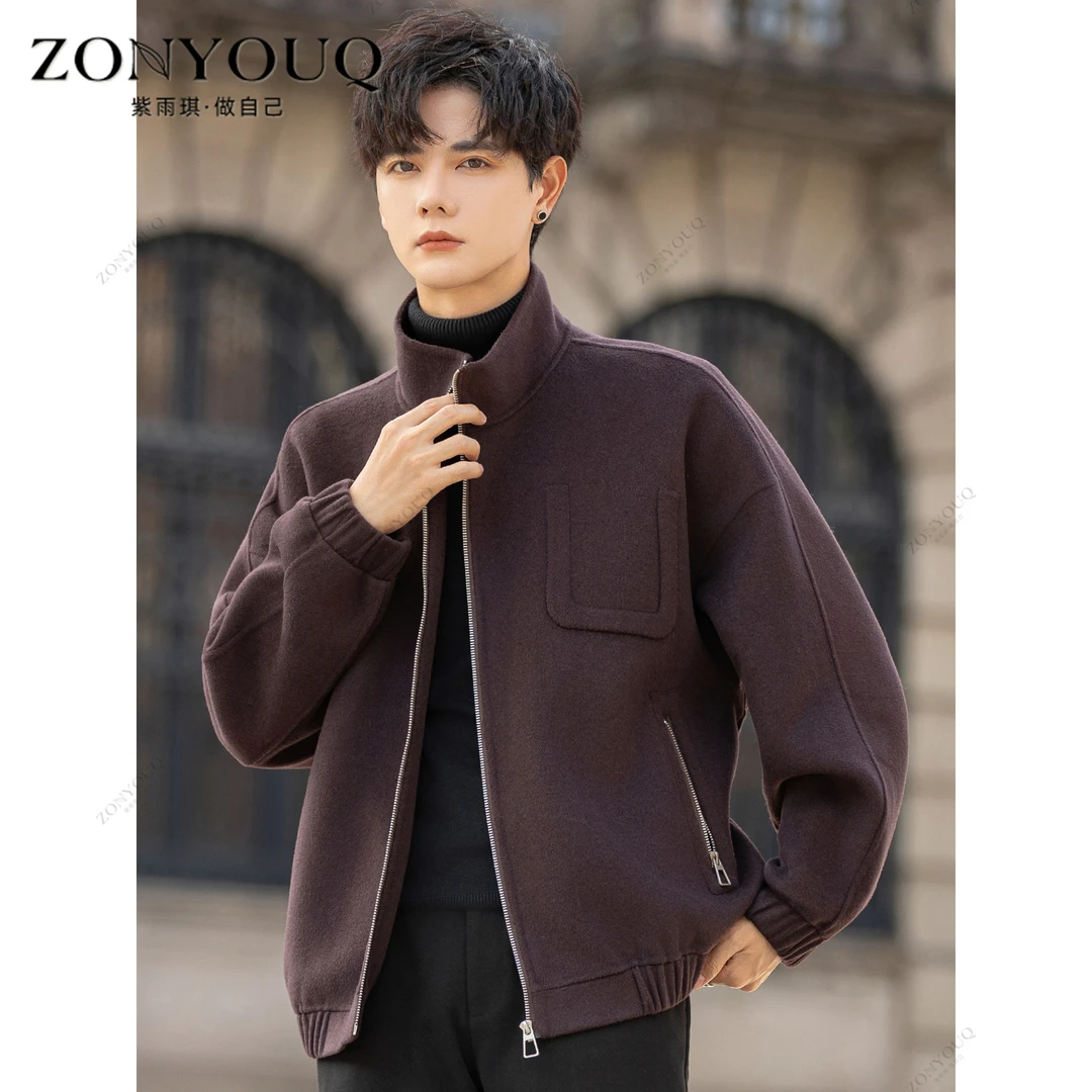 立领双面羊毛呢大衣男冬季短款加厚保暖宽松时尚百搭翻领夹克外套
