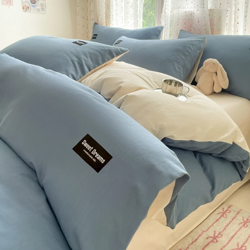全棉双拼四件套春夏季纯棉床单被套加厚褥子套学生宿舍单人三件套