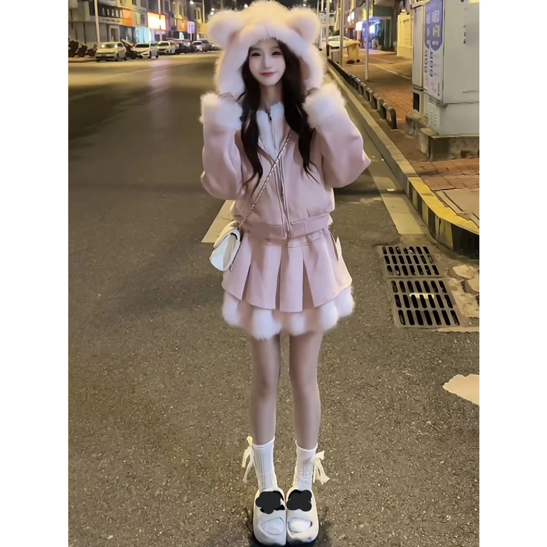 【糖糖】大码女装小香风甜美连帽毛领减龄毛呢外套短裙套装13616