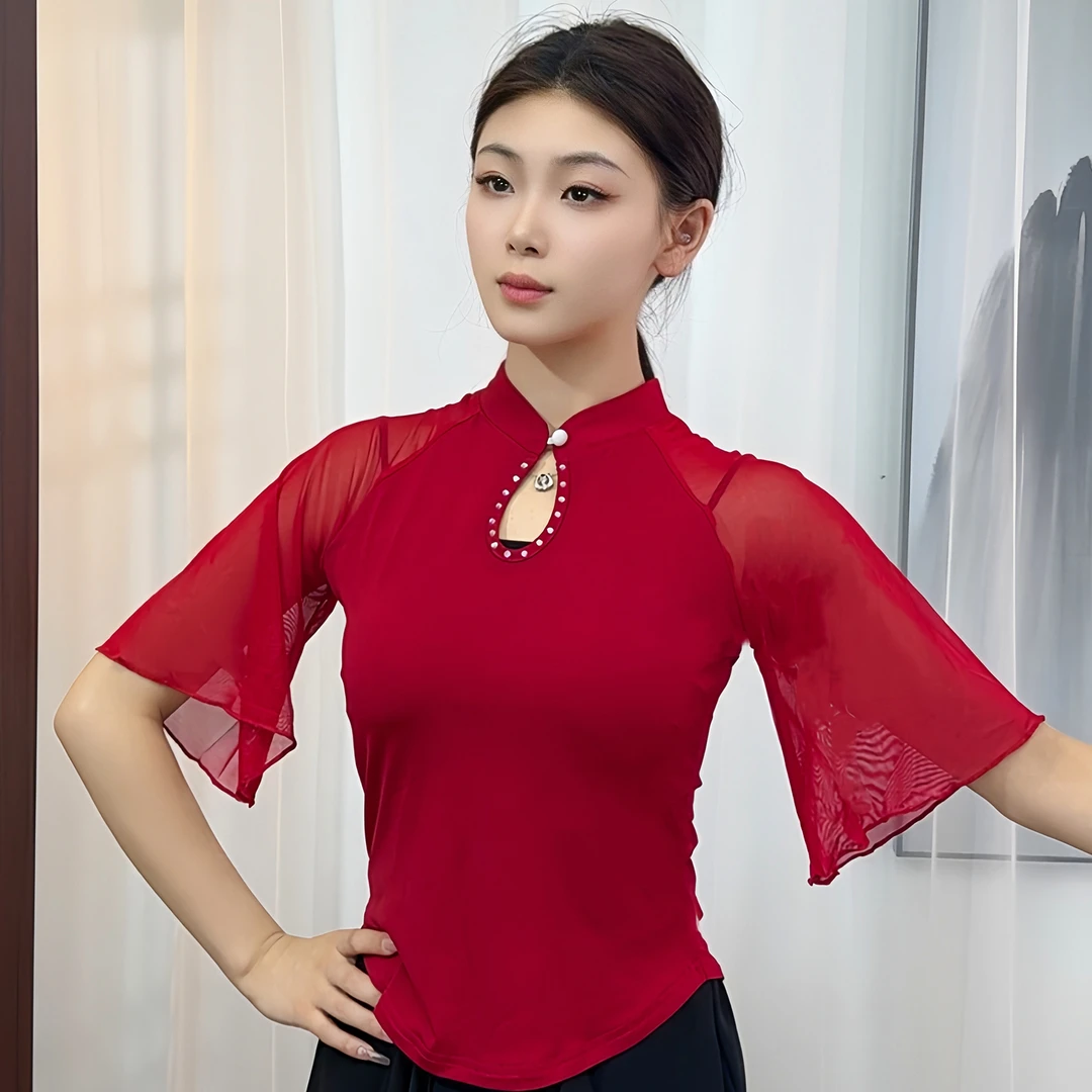 DZ古典舞蹈服装女烫钻水滴领中国风舞蹈服现代舞民族舞演出服上衣