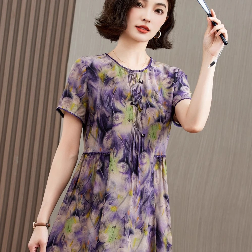 杭州真丝连衣裙女中长款2025夏季新款洋气短袖桑蚕丝显a字长裙