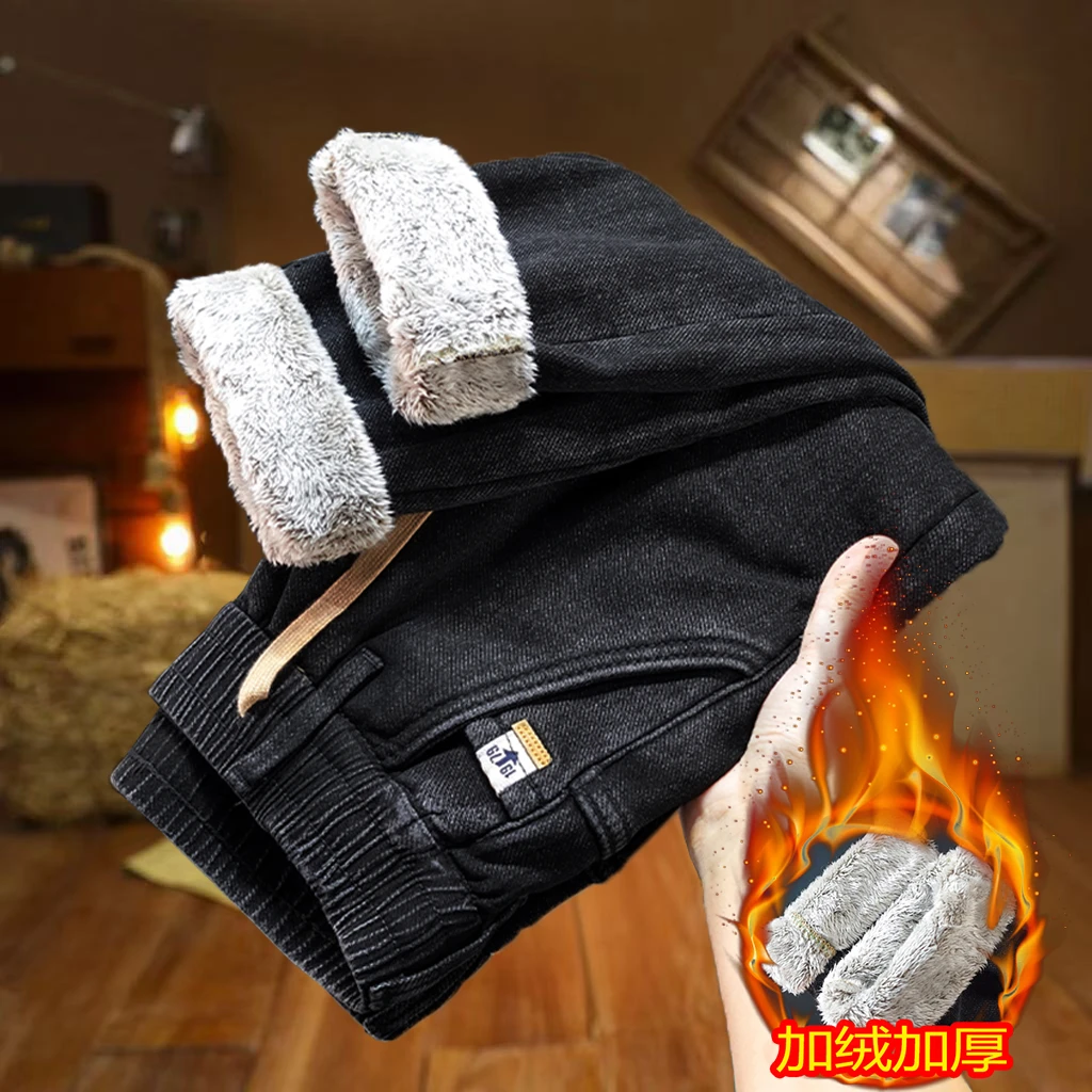 加绒加厚保暖雪狐绒男士牛仔裤秋冬新款直筒弹力松紧腰百搭男裤子