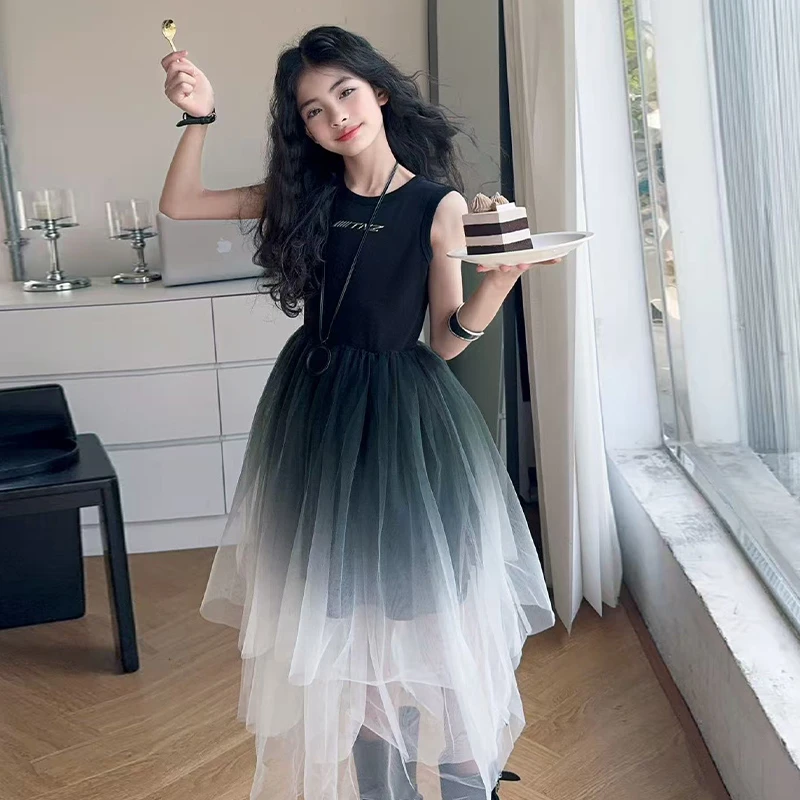 女童夏季渐变色网纱连衣裙2025新款儿童洋气背心黑天鹅仙女公主裙