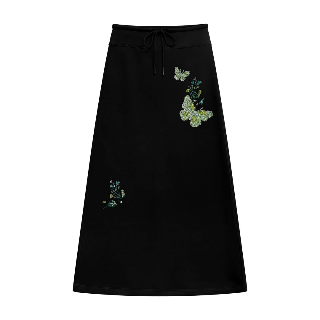 夏季新款黑色时尚烫钻休闲气质百搭裙子#2701