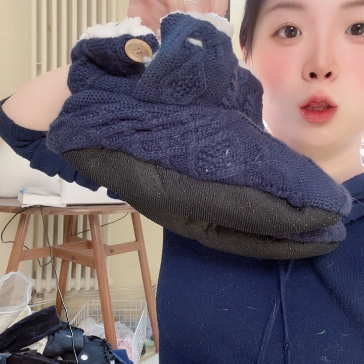 三醋酯纤维日本藏蓝色麻花小纽扣地板袜004