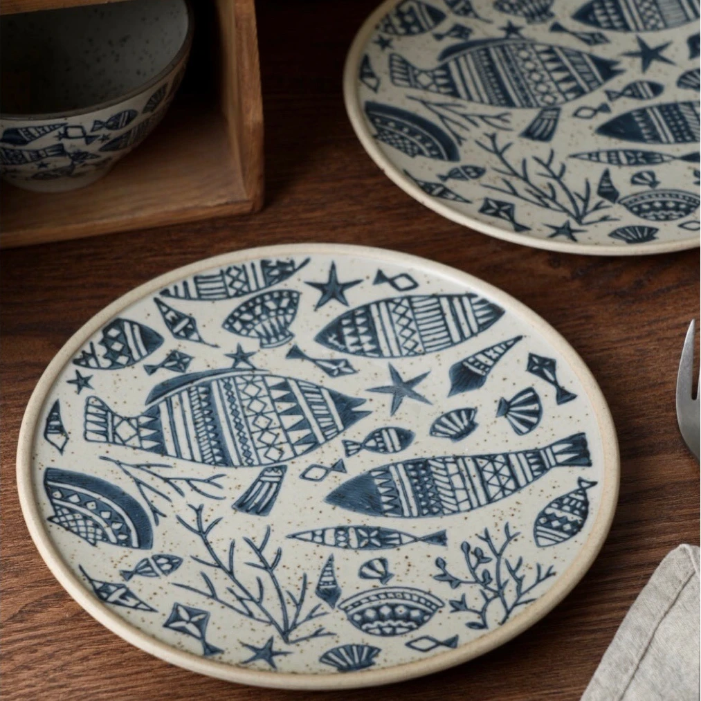 手作碟子海底世界盘子.粗陶青花盘陶瓷早餐盘家用菜盘复古/出丹麦