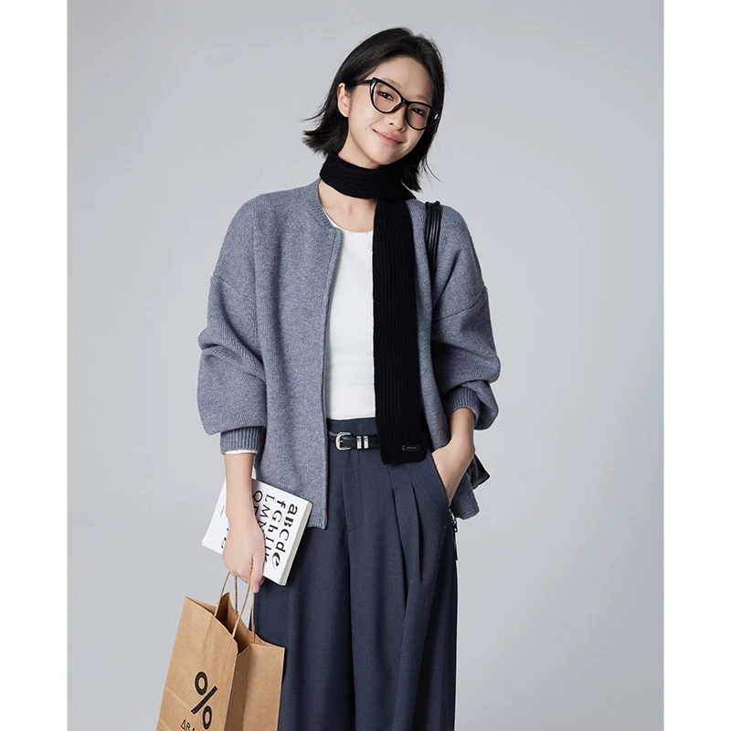 美洋MEIYANG 芝麻糊针织开衫 休闲宽松圆领灯笼袖慵懒拉链毛衣