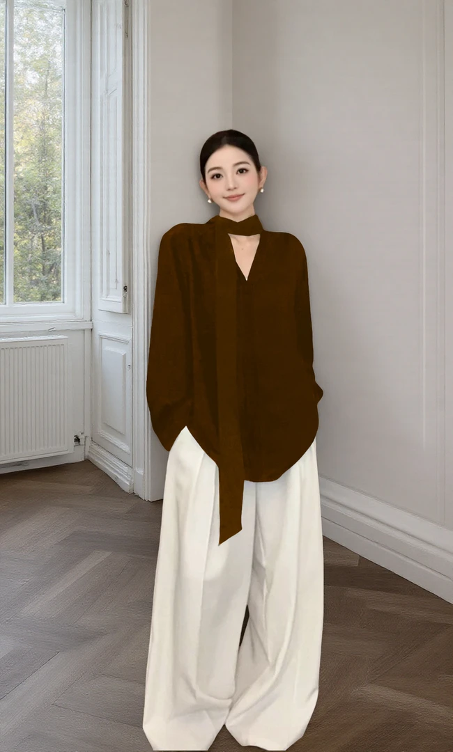 YIYI STUDIO咖色v领飘带衬衫女装秋寄美拉德设计感小众中长款上衣