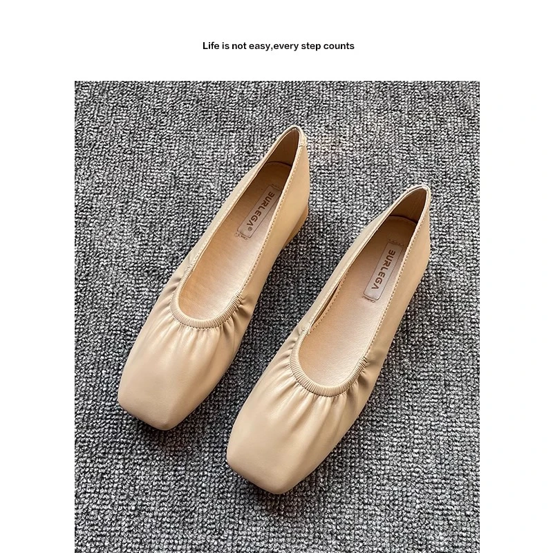 2025新款简约复古方头平底鞋温柔气质粗跟奶奶鞋褶皱晚风低跟单鞋