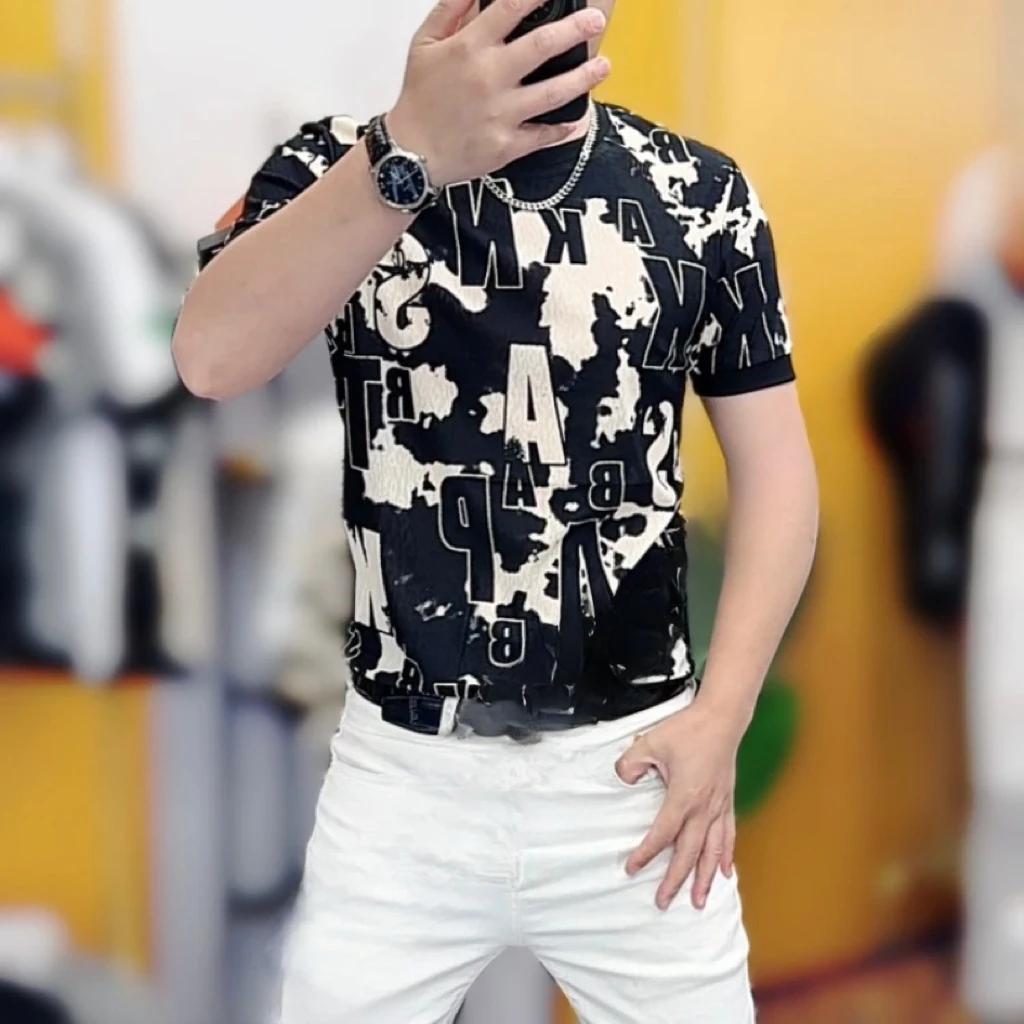夏季新款时尚男士爆款冰丝修身提花体恤2025潮牌痞帅男装短袖T恤