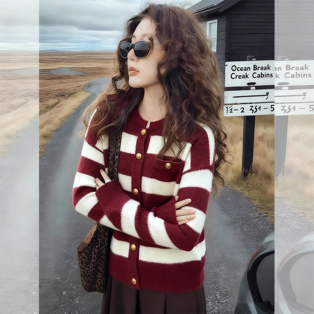 高级感复古红白条纹长袖针织开衫女秋冬2025新款减龄显白毛衣外套