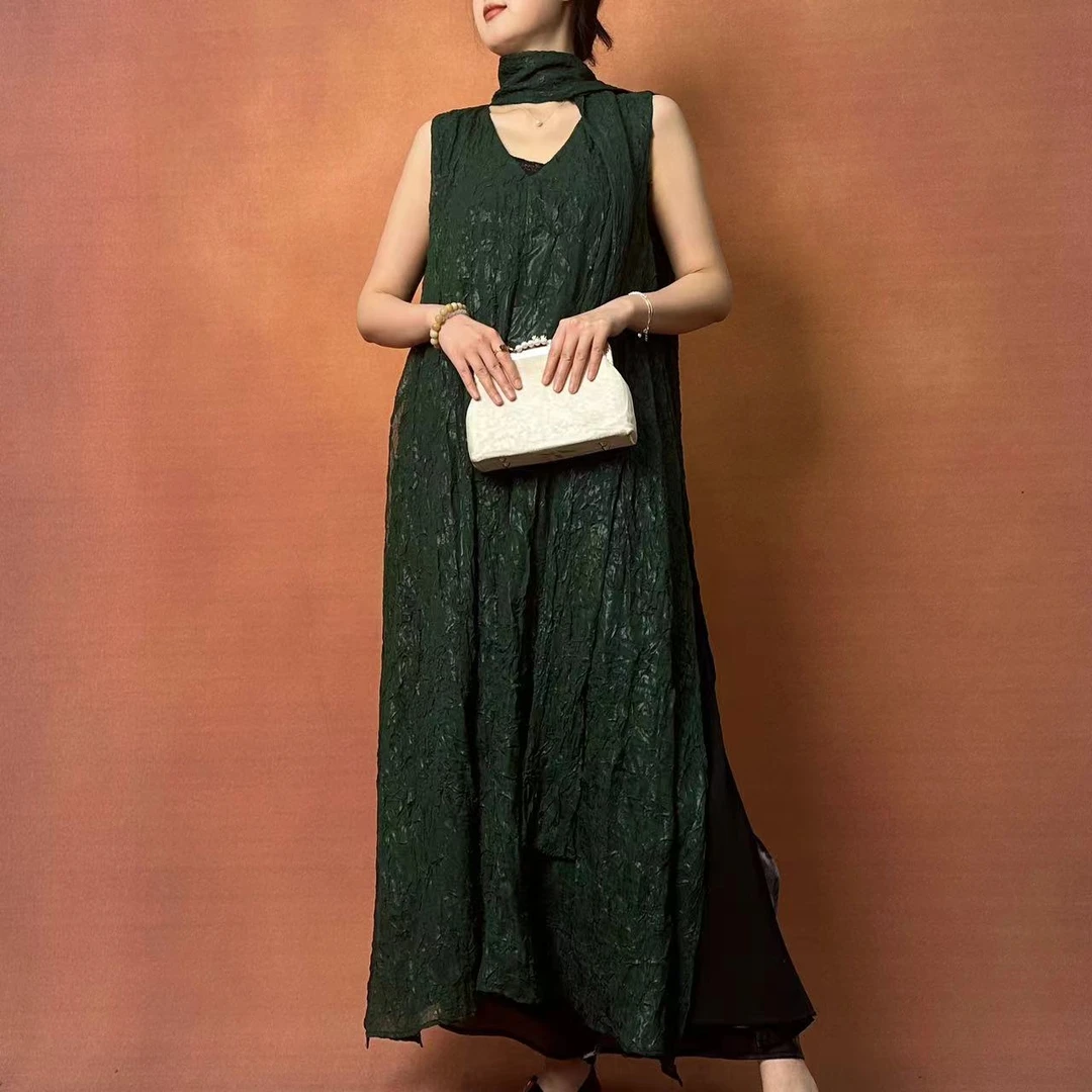 【大海轻奢】L1675墨绿色军裂纹肌理感V领丝巾款假两件新中式连衣裙