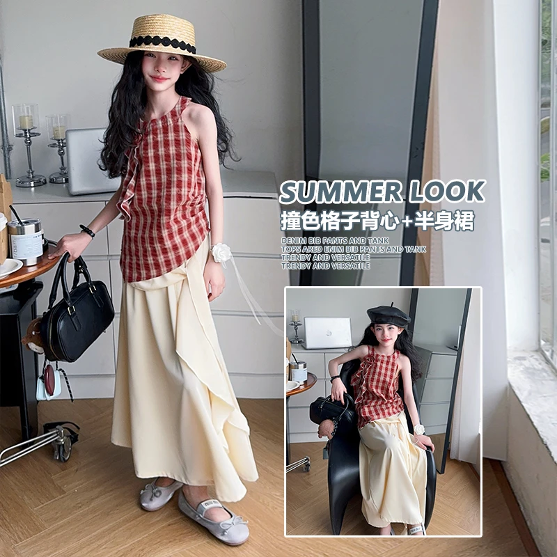 【香香妈】女童夏装格子挂脖吊带背心半身裙两件套甜美时尚中大童