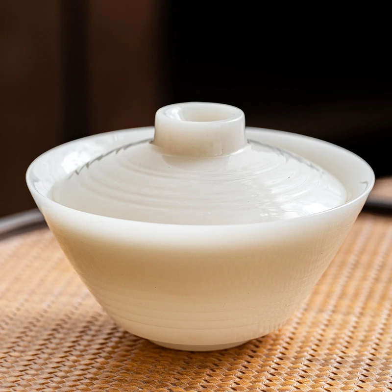 高档冰种手工璞玉二才盖碗陶瓷单个厚胎不烫手功夫茶具简约白瓷