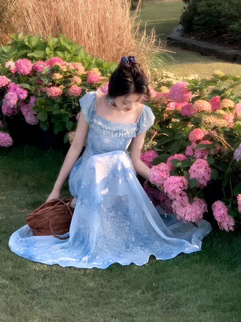 海盐苏打 方领短袖印花蓝色连衣裙女夏季收腰显瘦长裙子