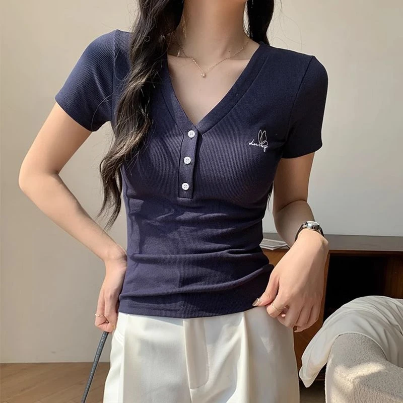 美式正肩短袖T恤女夏季2025新款修身设计感小众辣妹显瘦短款上衣