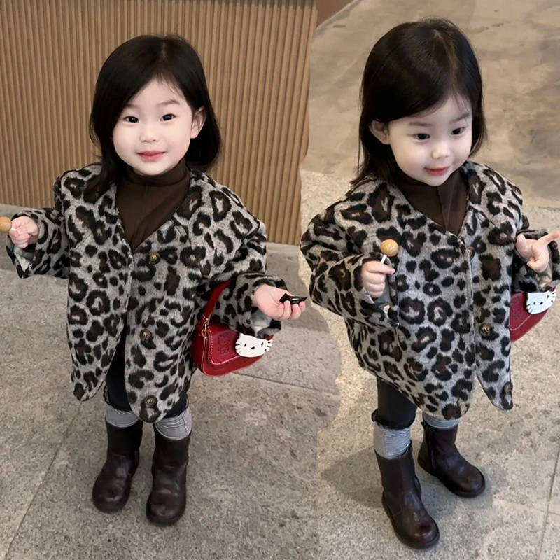 女童外套秋冬款2025新款儿童装女孩宝宝冬季夹棉加厚豹纹毛呢大衣