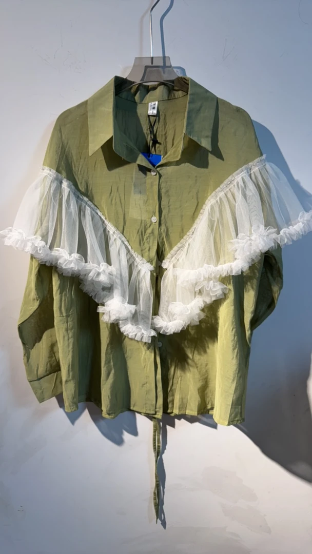 新款宽松网纱拼接长袖翻领单排扣衬衫女秋季百搭上衣