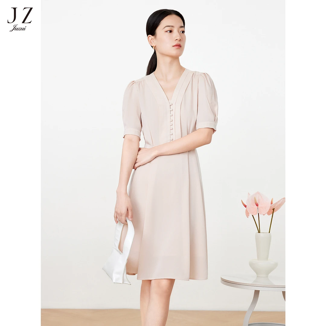 【丽公主专属】JZ玖姿JTDC50061休闲V领醋酸连衣裙女装春款收腰显瘦