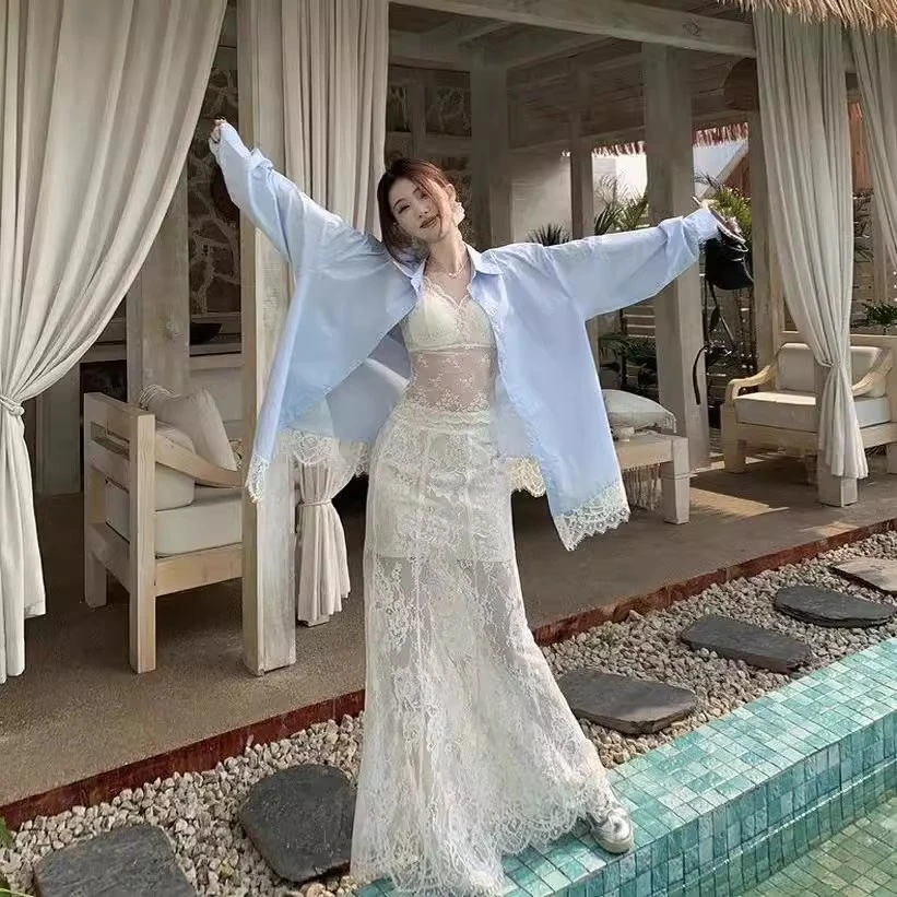 春夏搭配一整套时尚套装2025年纯欲辣妹高级感蕾丝衬衫三件套女装