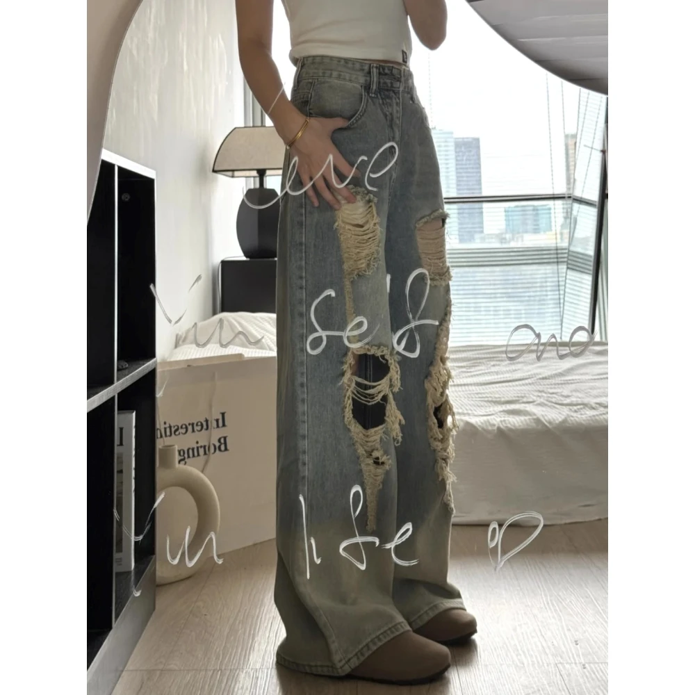 美式复古设计感小众破洞裤女2025春夏新款高腰显瘦显高遮跨牛仔裤