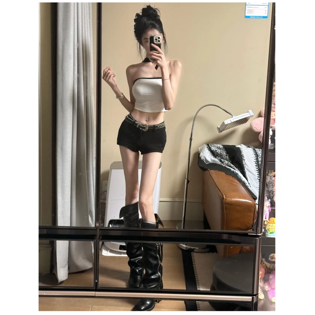 【艳戈灵华】2025早秋新款露肩抹胸撞色挂脖吊带背心配短裤两件套女