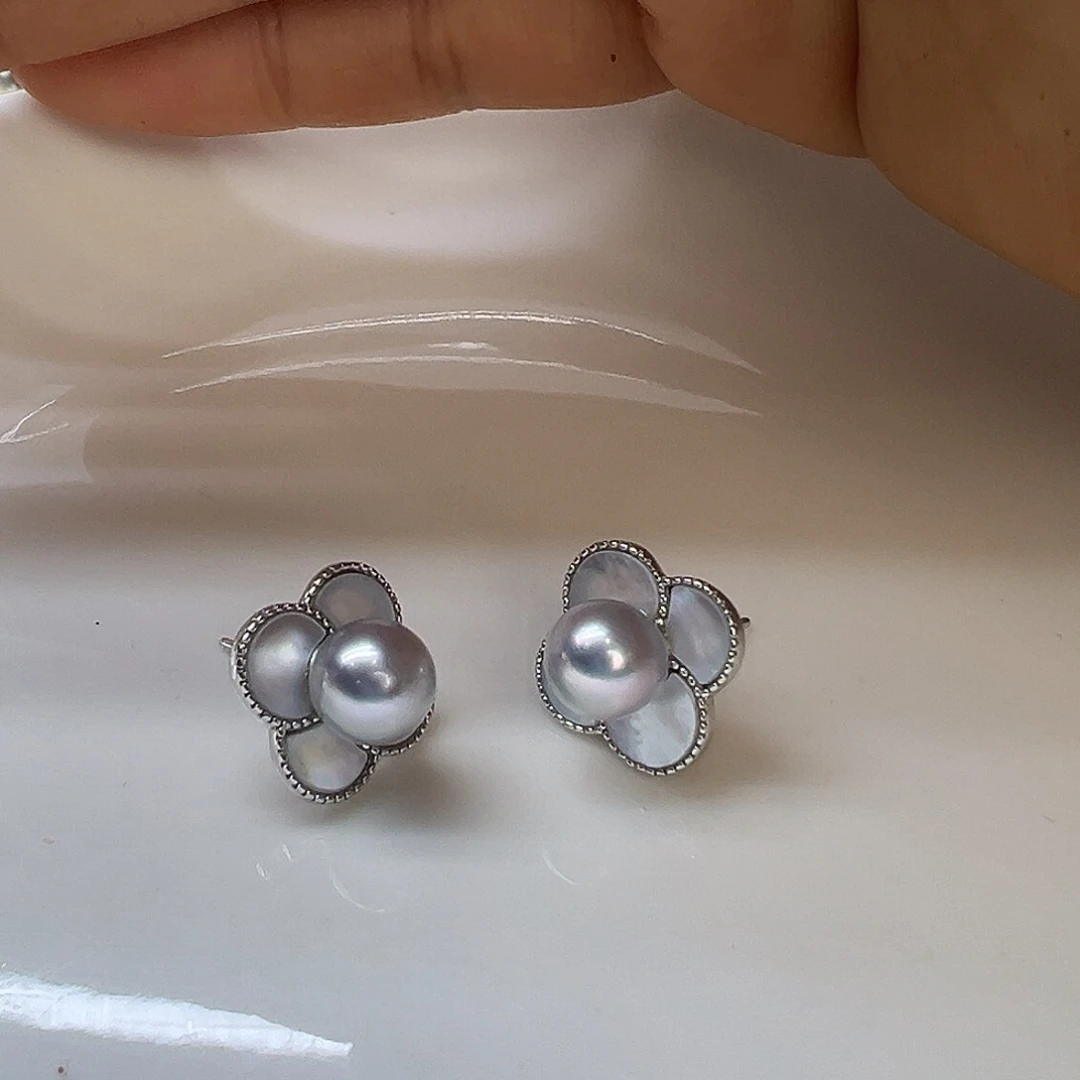 耳饰银S925镶嵌海水珍珠6-7mm正圆真多麻